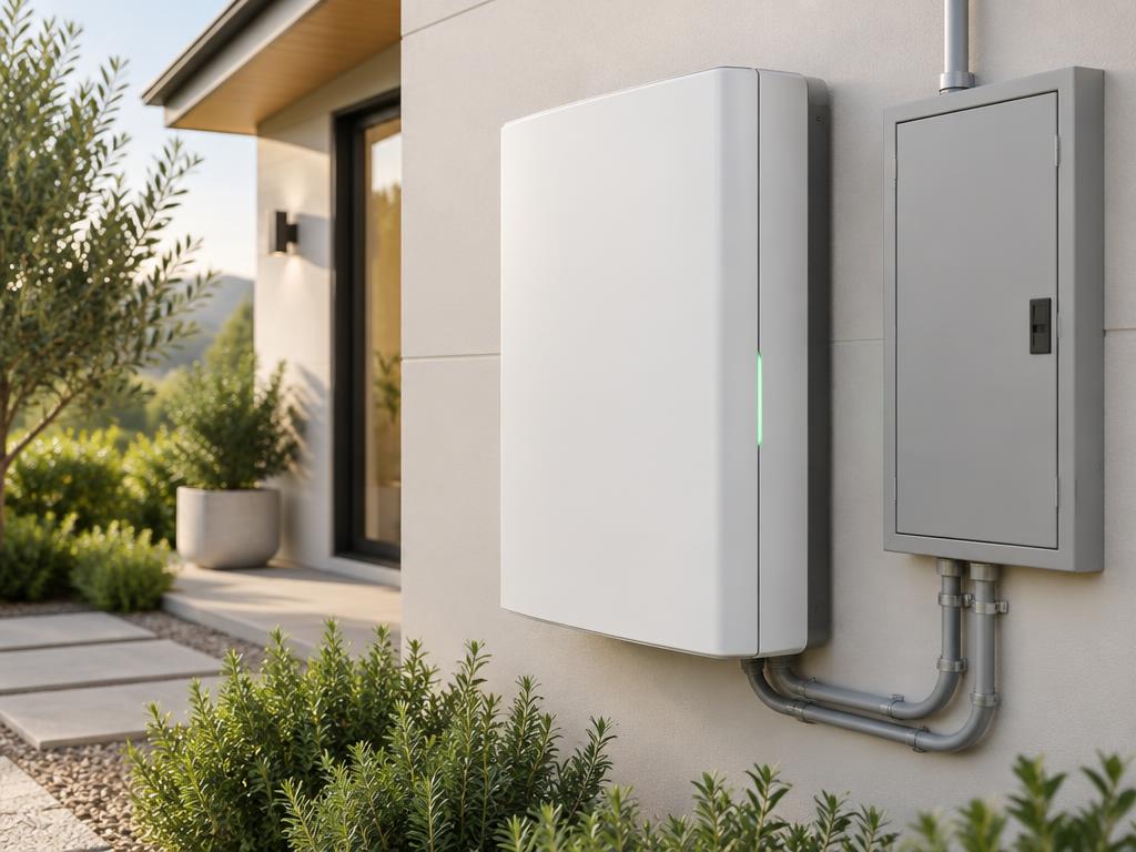 Home battery storage unit mounted on exterior wall