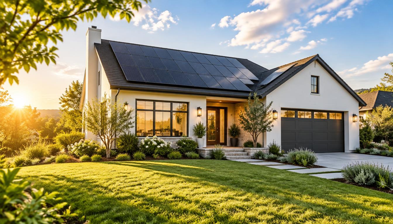 Modern home with solar panels on the roof